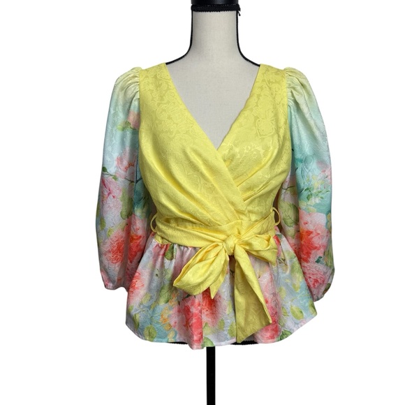 Alberto Makai 2023 Floral Wrap Blouse - Yellow and Multicolor - Picture 2 of 11